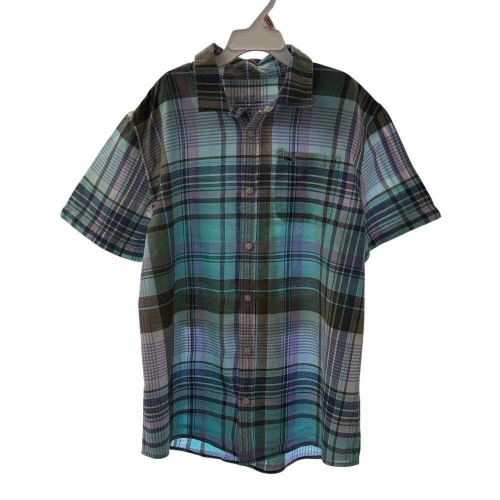 Vineyard Vines‎ Preppy Plaid Short Sleeve Button Down Shirt Boys XL Blue